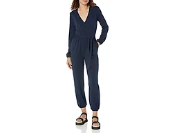 Amazon Essentials Women's Versatile Knit Surplice Jumpsuit with Sleeves, Elastic Waist (Available in Plus Size), Navy, Medium