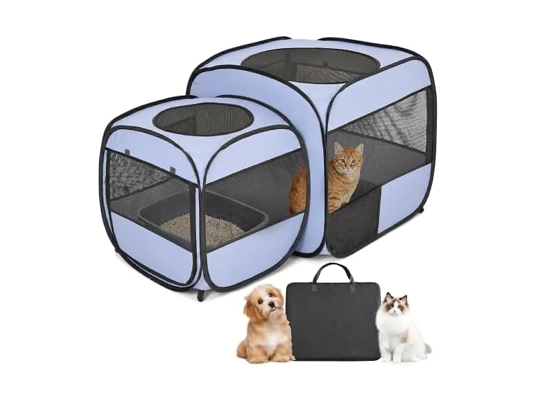 2-in-1 Portable Cat Playpen(End Doors), Pop up Kitten Playpen
