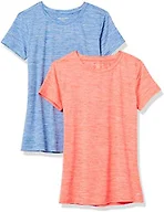 Amazon Essentials Women's Active Quick Dry Tech Stretch Short-Sleeve T-Shirt, V-Neck or Crewneck, Moisture-Wicking, Pack of 2, Coral Orange Space Dye/Light Blue Space Dye, Small