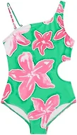 Kanu Surf Girls' Cori Beach Sport One Shoulder Side Cut Upf 50 1pc Swimsuit, Kaia Green/Pink, 12