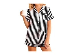 Girece Women's Satin Pajama Set Short Sleeve with Shorts,Black Striped, L