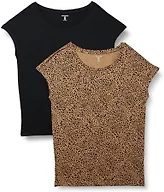 Amazon Essentials Womens Jersey Standard-Fit Short-Sleeve Boat-Neck T-Shirt, Pack of 2, Black/Small Ikat Animal, Large