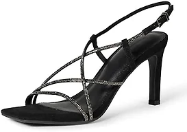 Amazon Essentials Women's Strappy Stiletto Heel Sandals with Ankle Strap, Black Crystals, 10