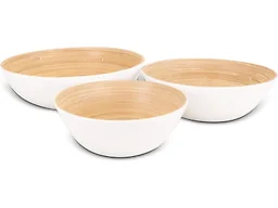 LEXA Bamboo 3-Piece Bowl Set – 12, 10 & 8 Inch Natural Bamboo Bowls, Handmade Serving & Salad Bowls, Versatile for Meals, Snacks & Décor, White