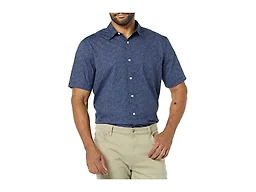 Amazon Essentials Men's Short Sleeve Button Down Shirt, Stretch Cotton, Blue Peach Plaid, Available in Big & Tall, Navy, Tonal Floral Print, Small