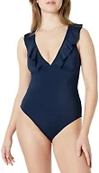 Amazon Essentials Women's Ruffle V-Neck One-Piece Swimsuit, Navy, Small
