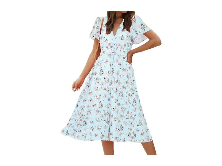Roylamp Women (M) Button Up Split V Neck Dress