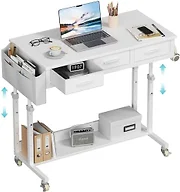 White Portable Rolling Computer Desk - 40 Inch Adjustable Mobile Standing Teacher Desks with 3 Fabric Drawers on Wheels, Couch Sofa Side Laptop Stand Up Table with Storage for Home Office, White