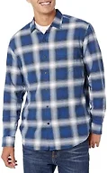 Amazon Essentials Men's Regular Fit Long-Sleeve Flannel Shirt, Soft Brushed Cotton, Lightweight yet Warm, Blue White Large Plaid, Large