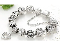 18K White Gold Plated Crystal Heart Floral Charm Bracelet