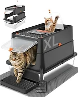 Stainless Steel Litter Box with Flip Lid, XL Extra Large Cat Litter Box with High Sided Top Entry Design, Anti-Leakage Enclosed Metal Litterbox for Big Cats, with Handle, Mat, Pedal & Scoop, Black