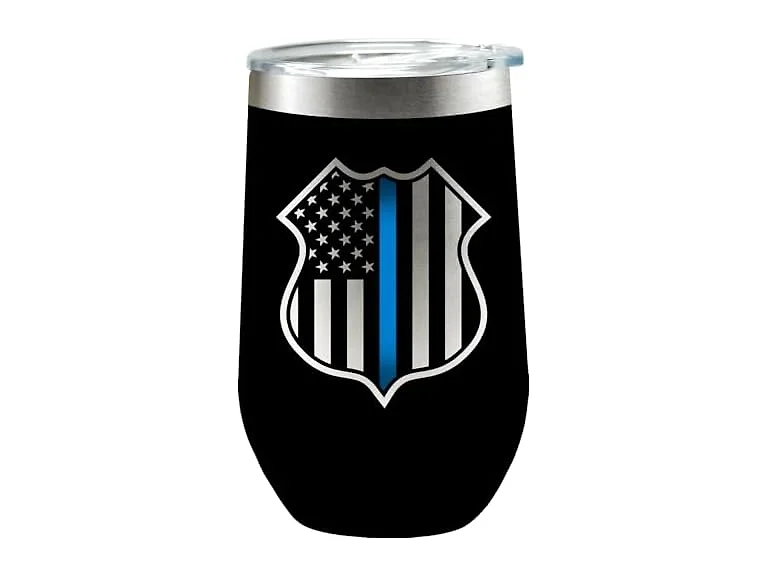 Spoontiques Police Etched Stainless Steel Tumbler - Insulated Wine Tumbler with Lid - Double Wall Stainless Steel Stemless Wine Glass - 16oz - 5 5/8" Tall
