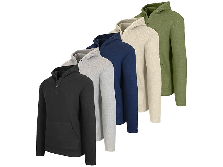 3Pk Mens Waffle Thermal Henley Hoodie