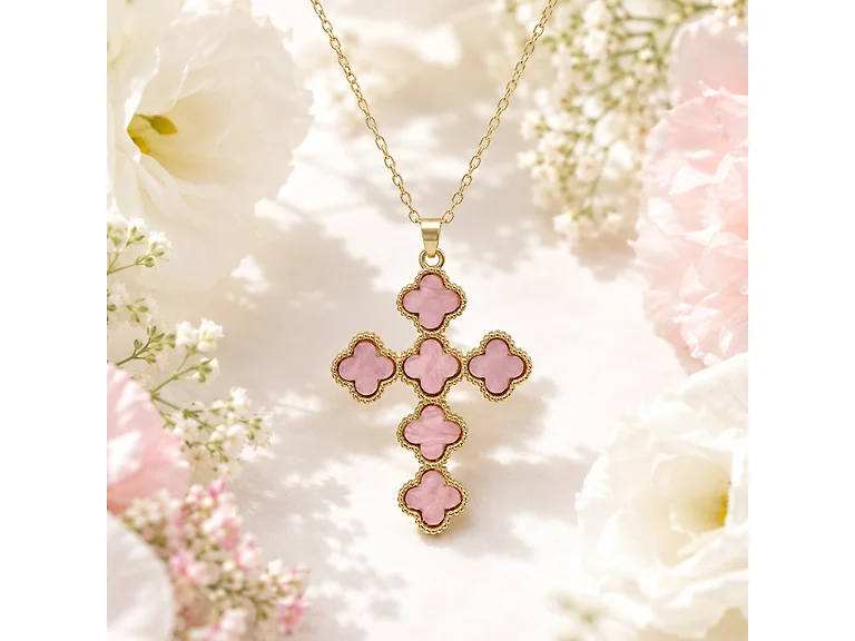 Gold Plated Pink Clover Cross Pendant
