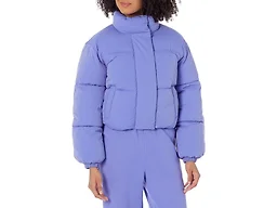 Amazon Essentials Women's Cropped Full-Zip Puffer Jacket, Winter Warm, Stand Collar, Purple Blue, Small