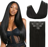 Lashey Seamless Clip in Hair Extensions Real Human Hair Extensions, #1B Natural Black Straight 14 Inch 110g 7pcs for Black Women