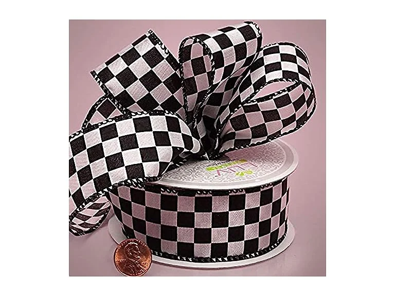 White Checkered Fabric Ribbon 1.5" x 10yd