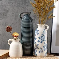 LIFESTYLO Ceramic Vase Set of 3 with Handles, Blue White Neutral Rustic Modern Farmhouse Boho Decor, Versatile as Table Centerpiece or Mantel & Shelf Accent - Unique Home Gift Idea