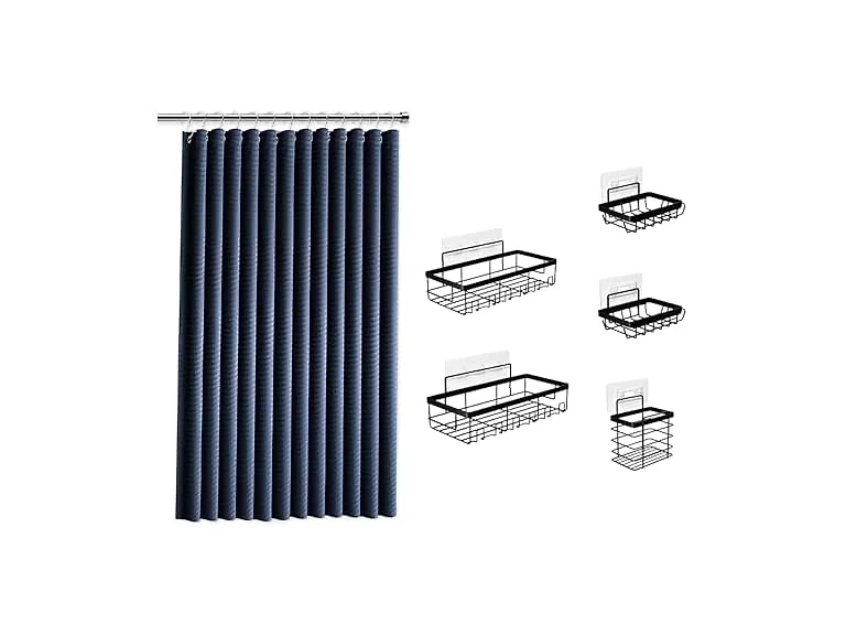 Clara Clark Navy Blue Shower Curtain Set w Caddys