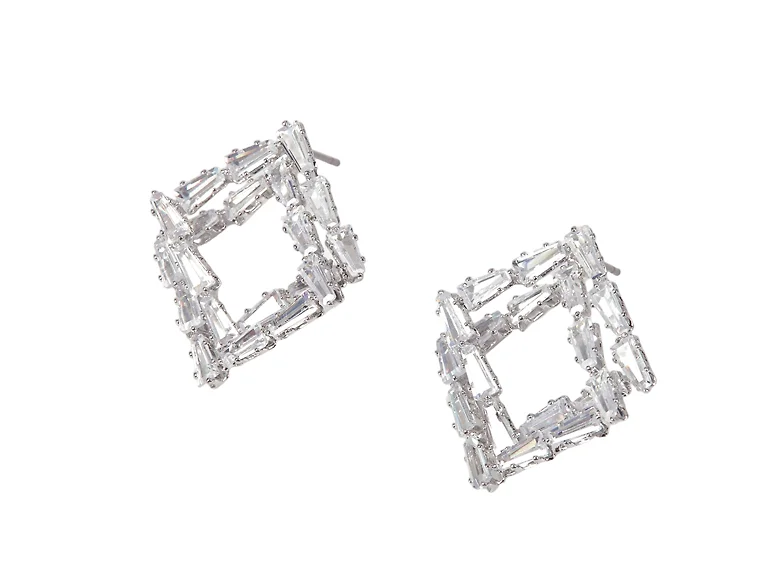 Silver Twisted Square CZ Stud Earrings
