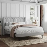 IOILORI Full Size Bed Frame with Velvet Upholstered Headboard, Platform Bed Frame No Box Spring Needed, Modern Bedframe with Strong Wooden Slats, Light Gray
