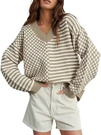 UNCLECAT Womens V Neck Striped Sweater - Khaki, Large