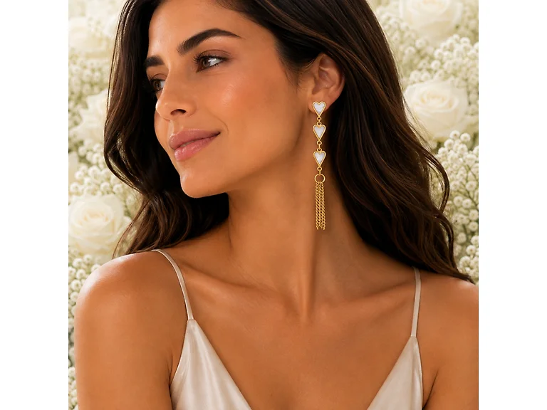 18K Gold Pearl Heart Tassel Earrings