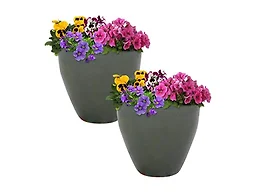 Sunnydaze Resort Round Ceramic Planter - Set of 2 Indoor or Outdoor Plant Pots with Drainage Hole - 10" - Gray