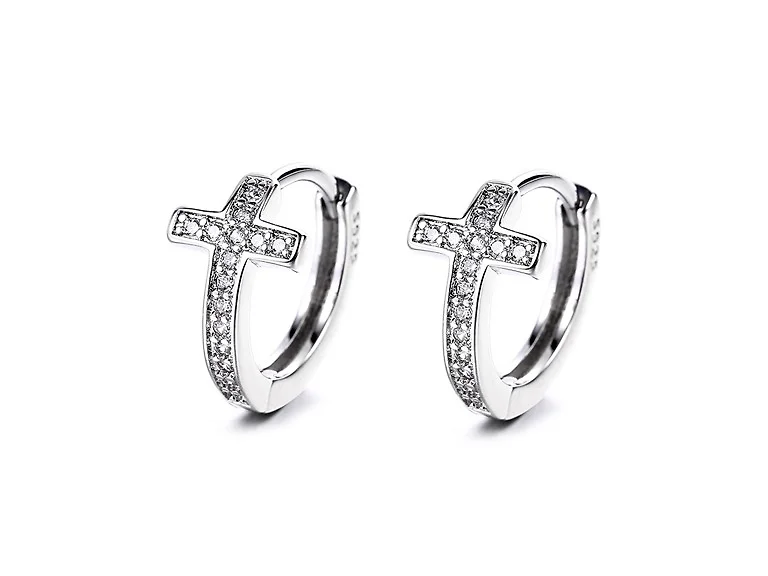 White Gold Plated Cross Huggie Earring