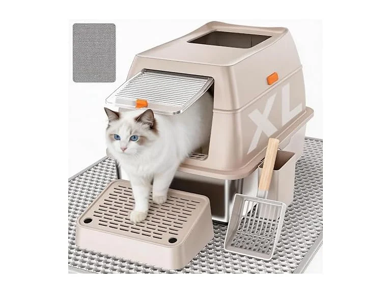 CatbruLop Stainless Steel Litter Box with Lid, Cream