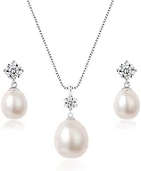 Pearl Necklace and Earrings Set 8.5-10mm Freshwater Real Pearl Jewelry Set for Women 925 Sterling Silver Hypoallergenic Pink, White, Black Cultured Genuine Pearls,Jewelry Gifts for Wife,Mom,Frined