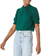 Amazon Essentials Women's Fluid Twill Short Puff Sleeve Ruffle Smock Detail Blouse, Dark Green, Large