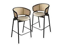 LeisureMod Ervilla Wicker Bar Stool with Fabric Seat and Black Steel Frame - Taupe - Set of 2