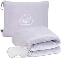 ENZOLVE Travel Blanket Pillow,Airplane Blanket Compact with Bag Eye Mask, Ultra-Soft,Warm & Lightweight Included,Travel Essentials for Women & Men, Luggage Sleeve & Backpack Clip 65x40 in, Grey