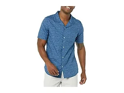 Amazon Essentials Men's Vacation Cotton Button-Down Short Sleeve Resort Shirt, Navy Palm Leaf Print, Large