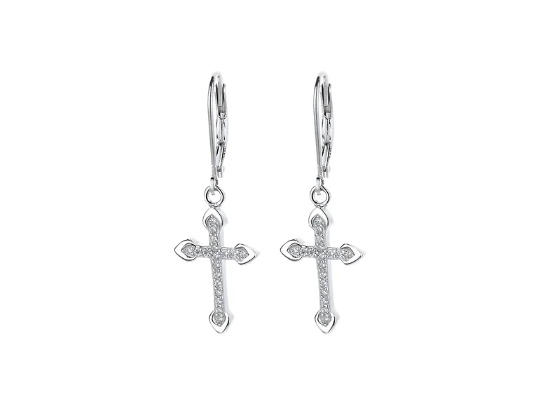 18K White Gold Leverback Cross Earrings