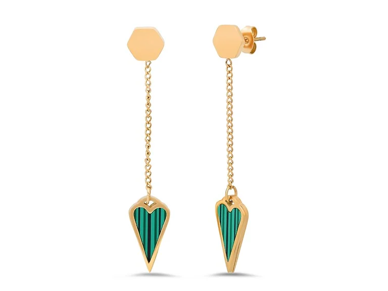 18K Gold Green Heart Drop Earrings