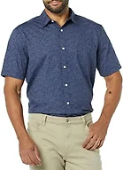 Amazon Essentials Men's Short Sleeve Button Down Shirt, Stretch Cotton, Blue Peach Plaid, Available in Big & Tall, Navy, Tonal Floral Print, Medium