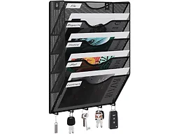 EasyPAG 5 Pocket Mesh Wall File Organizer with Key Hooks, Hanging Paper Folder Holder with Classify Label, Vertical Wall Mount Mail Organizer for Office Home Classroom, Black