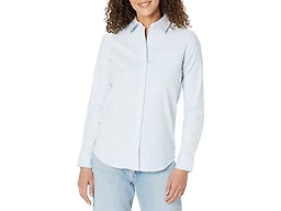 Amazon Essentials Women's Long Sleeve Button Down Stretch Oxford Shirt (Available in Plus Size), Blue White Vertical Stripe, Medium