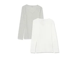 Amazon Essentials Women's Slim-Fit Long Sleeve V-Neck Knit Rib Shirts (Available in Plus Size), Pack of 2, White/Grey, Small