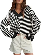 UNCLECAT Womens V Neck Striped Sweater - Black, Small