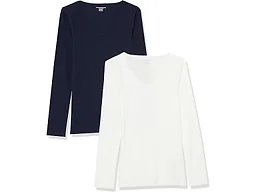 Amazon Essentials Women's Slim-Fit Long Sleeve V-Neck Knit Rib Shirts (Available in Plus Size), Pack of 2, White/Navy, X-Large