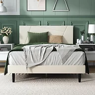 IOILORI Full Size Bed Frame Platform with Velvet Upholstered Headboard, Geometric, Sturdy Frame and Wooden Slats, Noiseless, No Box Spring Required, Easy to Assemble,Beige