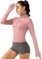 GGOV Crop Tops Women's Long Sleeve Workout Shirt with Half Zip Closure, Slim Fit, and Buttery-Soft Fabric Pink M