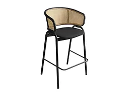 LeisureMod Ervilla Wicker Bar Stool with Fabric Seat and Black Steel Frame - Black Leather