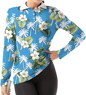 GGOV Women's Golf Polo Shirts Long Sleeve Workout Tops UPF 50+ Sun Protection Quick Dry Lightweight Active Tennis Shirts Blue Flowers