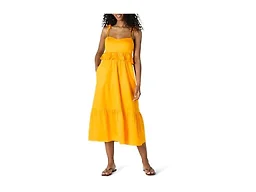 Amazon Essentials Women's Fit and Flare Empire Waist Sweetheart Neck Cotton Sateen Tiered Maxi Dress, Golden Yellow, X-Small