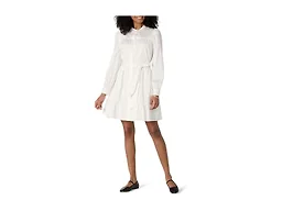 Amazon Essentials Women's Regular-Fit Cotton Sateen Tiered Shirt Dress with Puff Shoulder Sleeves, Collar Band, Button-Front, White, Large