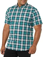 Amazon Essentials Men's Slim-Fit Short-Sleeve Poplin Shirt, Teal Blue White Plaid, X-Small